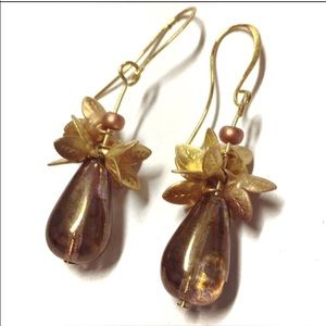 NEW Purple glass and gold floral long earrings